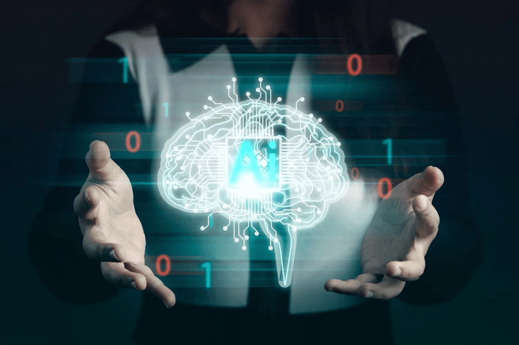 Foto de um cérebro com AI escrito no meio, representando a Inteligência Artificial.